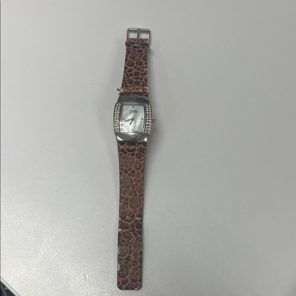 Montres de Fleur Pebble Browns Textured Watch with Silver Accents & Rhinestones